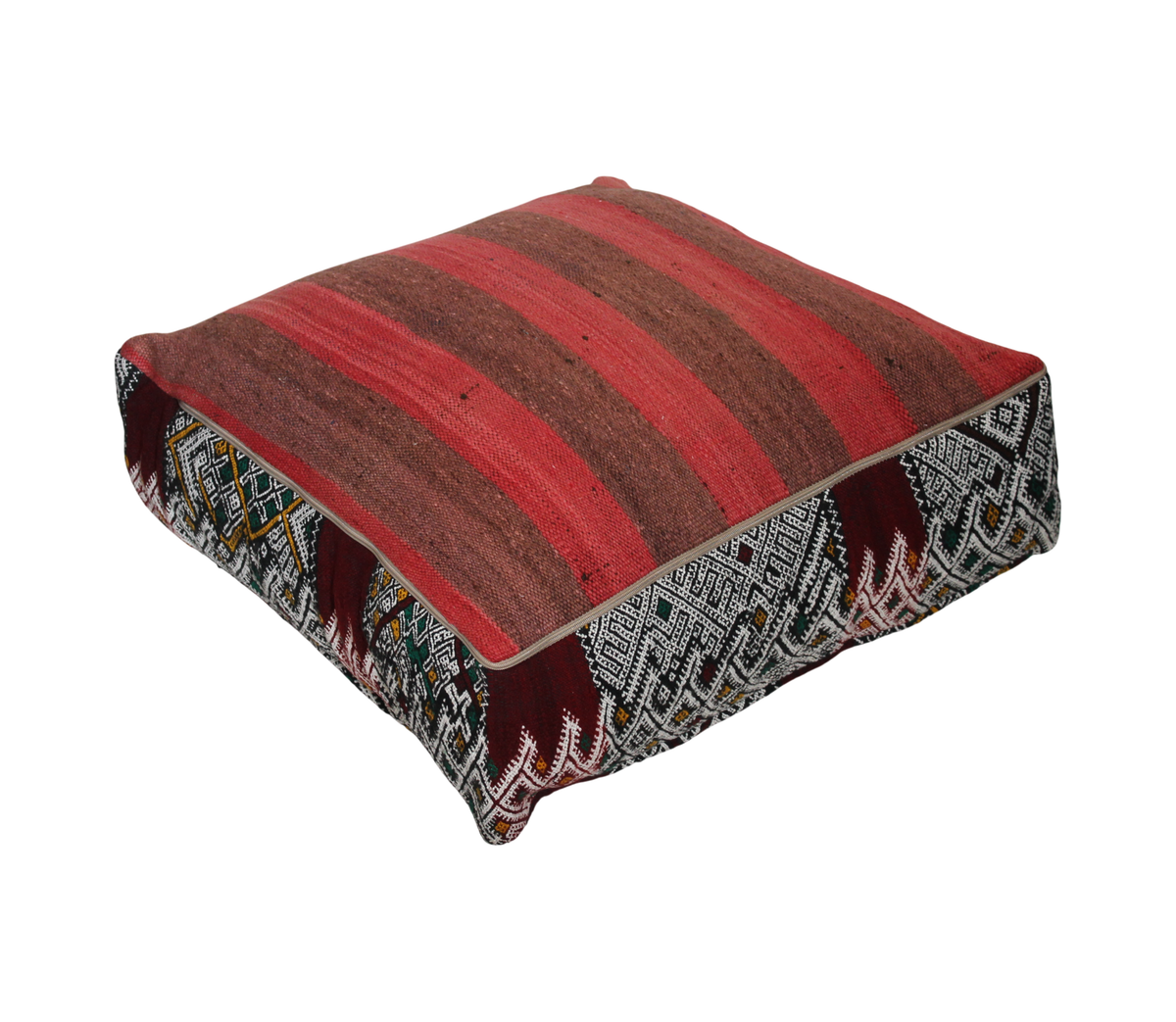 Back view of vintage Moroccan kilim pouf burgundy multi with zipper closure 