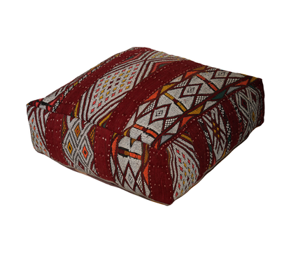 Front view of vintage Moroccan kilim pouf deep burgundy geometric 60x60 cm 