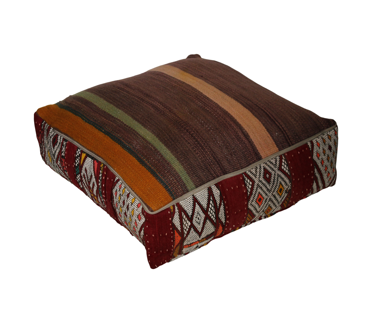 Back view of vintage Moroccan kilim pouf deep burgundy geometric with zipper closure 