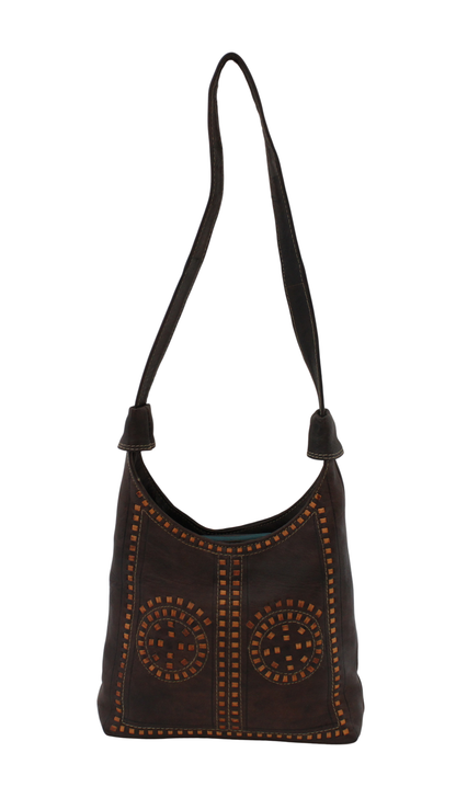 Moroccan Handbag Bag Vintage Real Leather Boho Shoulder Bag Handmade Brown Tan with Interlaced Motifs Unused (VLB4)