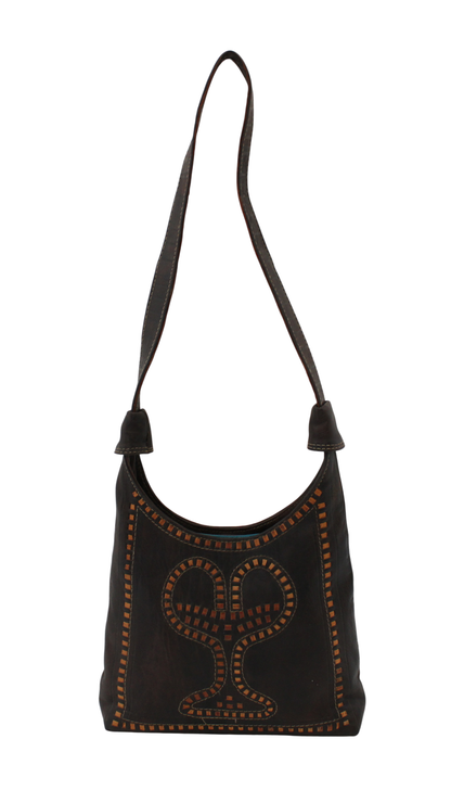 Moroccan Handbag Bag Vintage Real Leather Boho Shoulder Bag Handmade Brown Tan with Interlaced Motifs Unused (VLB4)