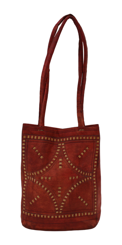Moroccan Tote Bag Vintage Real Leather Boho Bag Handmade Rich Tan with Interlaced Motifs Unused (VLB1)