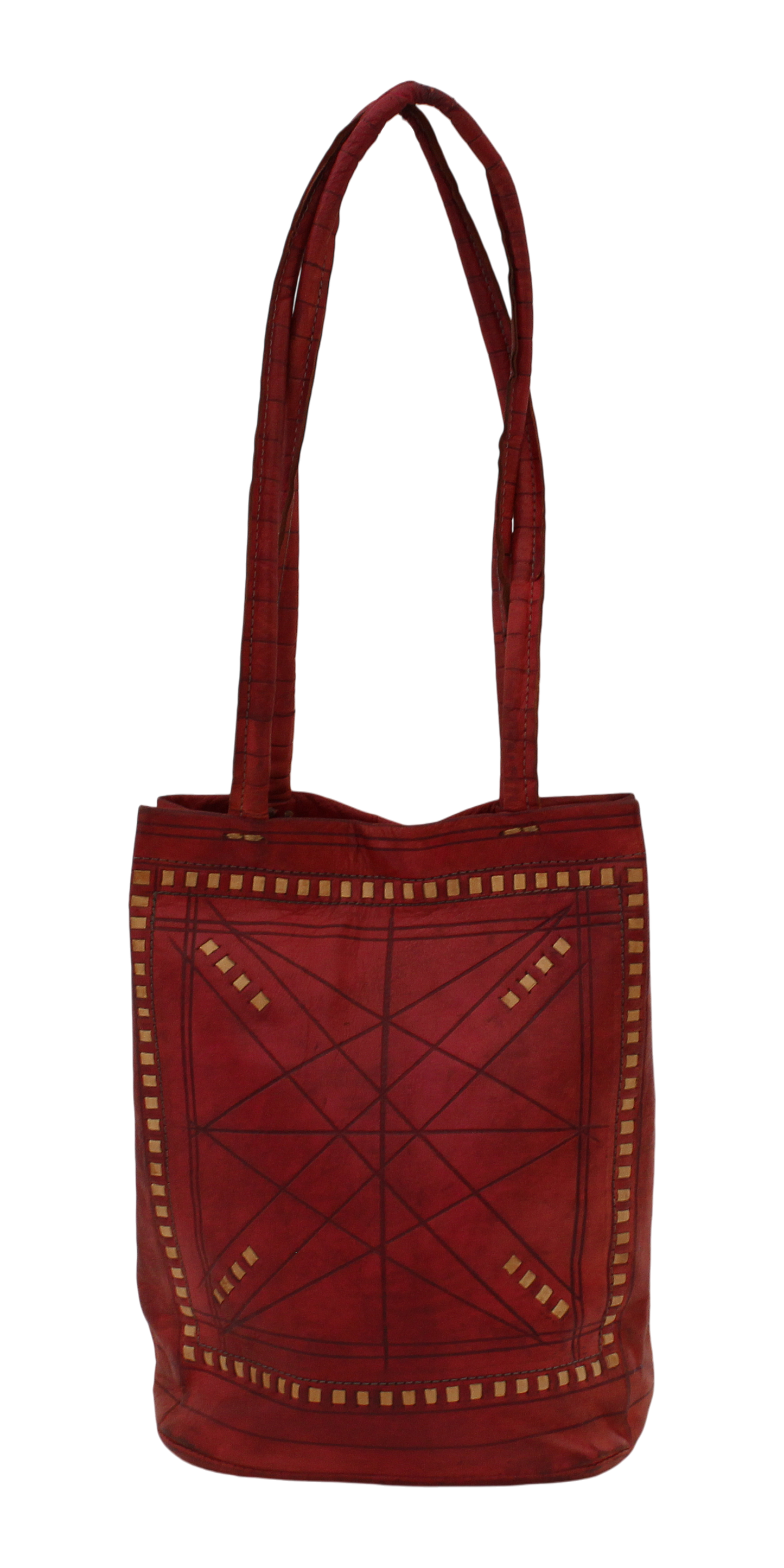 Moroccan Tote Bag Vintage Real Leather Boho Bag Handmade Rich Tan with Interlaced Motifs Unused (VLB1)