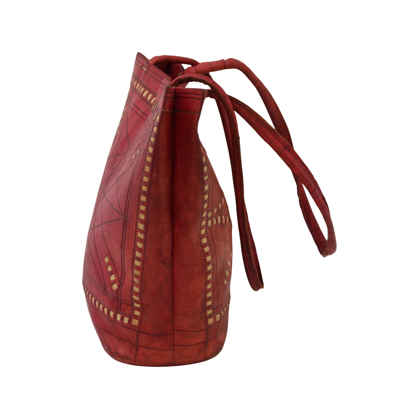 Moroccan Tote Bag Vintage Real Leather Boho Bag Handmade Rich Tan with Interlaced Motifs Unused (VLB1)