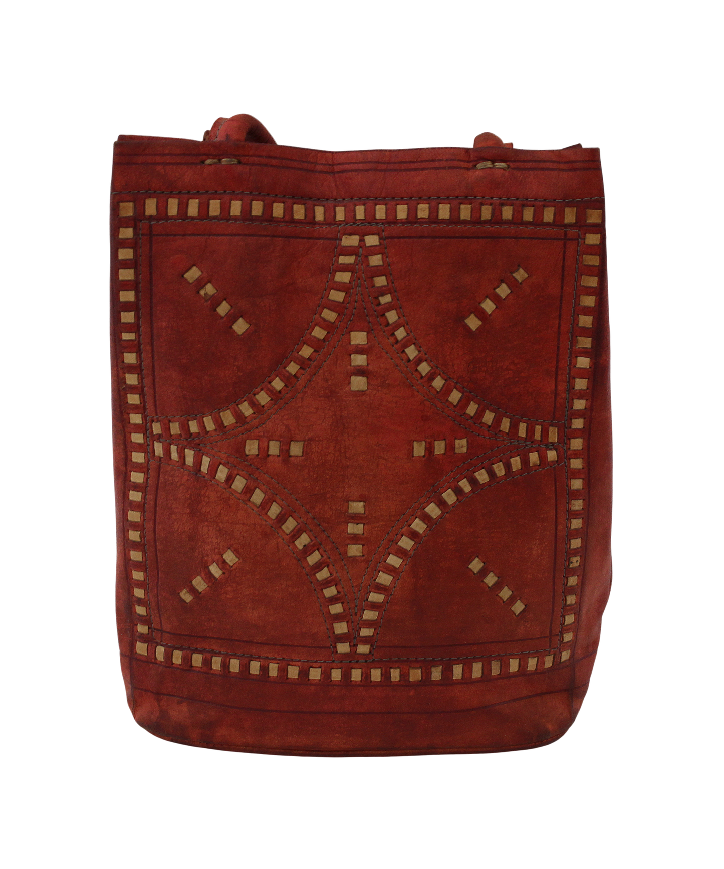 Moroccan Tote Bag Vintage Real Leather Boho Bag Handmade Rich Tan with Interlaced Motifs Unused (VLB1)