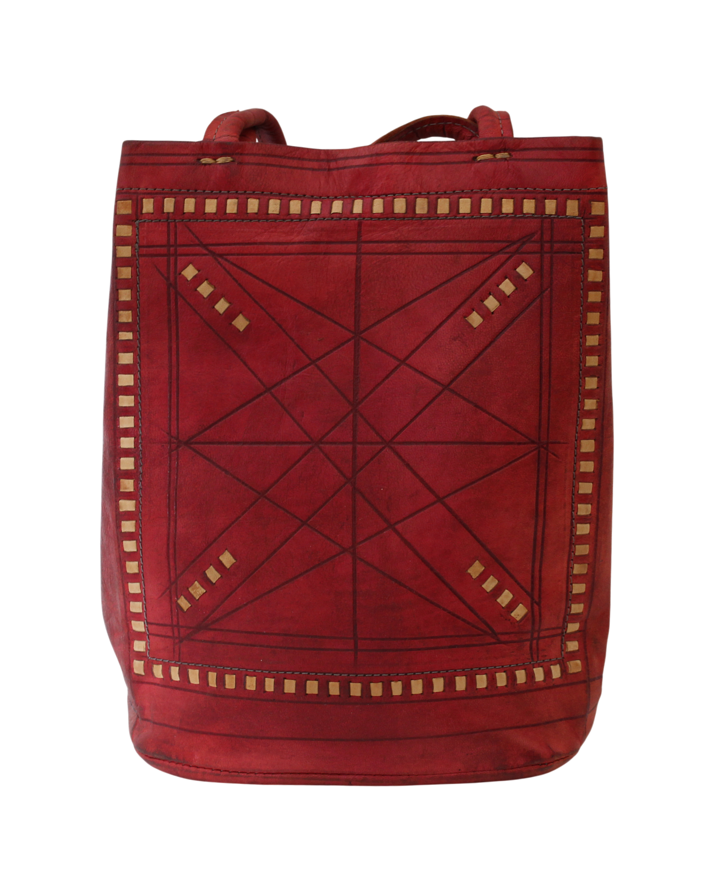 Moroccan Tote Bag Vintage Real Leather Boho Bag Handmade Rich Tan with Interlaced Motifs Unused (VLB1)