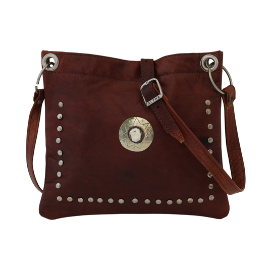 Moroccan Handbag Vintage Real Leather Boho Bag Square Handmade Rich Brown Tan Unused (VLB2)