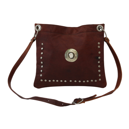 Moroccan Handbag Vintage Real Leather Boho Bag Square Handmade Rich Brown Tan Unused (VLB2)