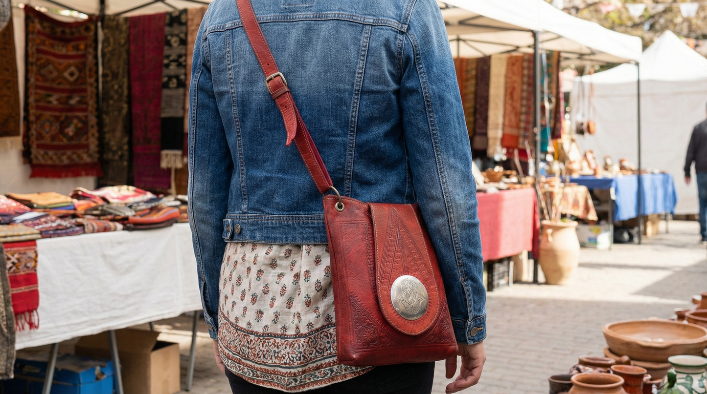 Moroccan Crossbody Handbag Vintage Real Leather Boho Bag Handmade Rich Tan Hand Engraved and Hand Embossed Motifs Unused (VLB5)