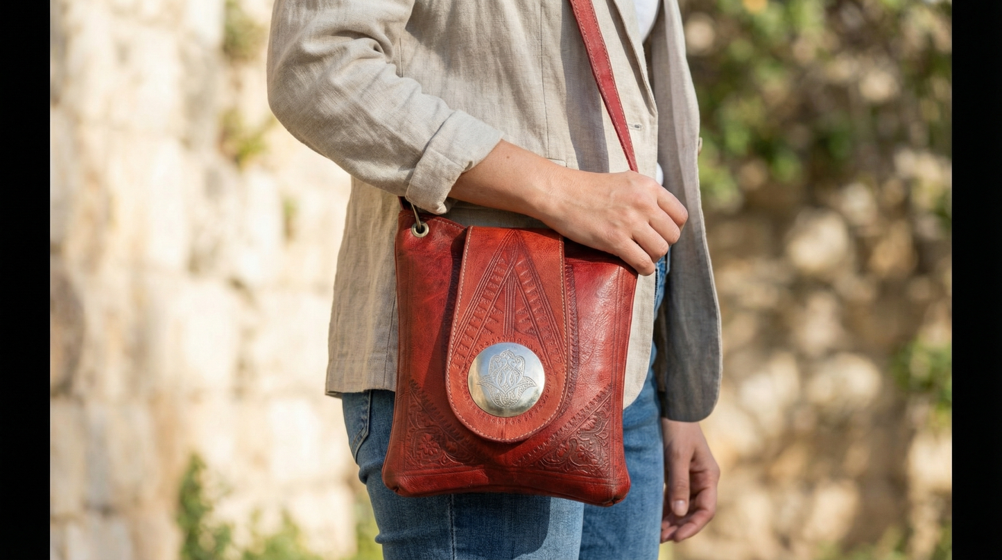 Moroccan Crossbody Handbag Vintage Real Leather Boho Bag Handmade Rich Tan Hand Engraved and Hand Embossed Motifs Unused (VLB5)