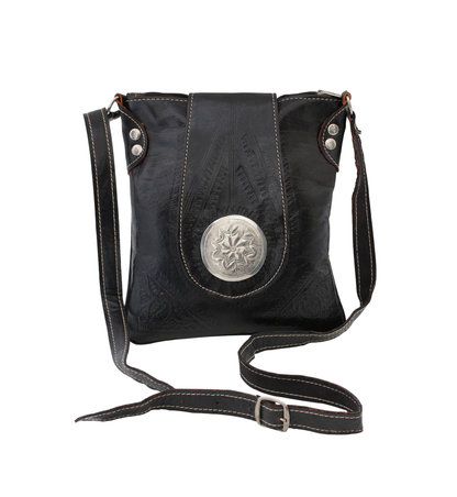 Moroccan Crossbody Handbag Vintage Real Leather Boho Bag Handmade Glossy Black Hand Engraved Hand Embossed Motifs Unused (VLB7)