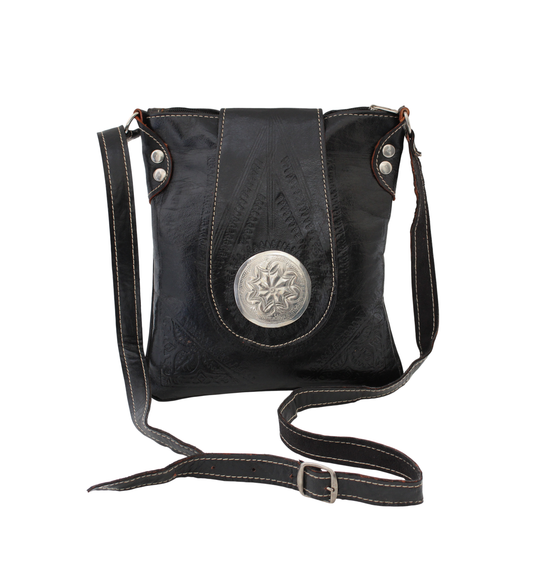 Moroccan Crossbody Handbag Vintage Real Leather Boho Bag Handmade Glossy Black Hand Engraved Hand Embossed Motifs Unused (VLB7)