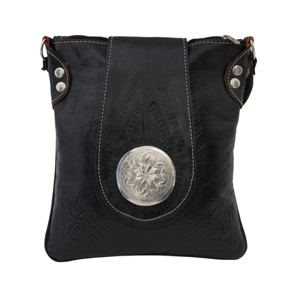 Moroccan Crossbody Handbag Vintage Real Leather Boho Bag Handmade Glossy Black Hand Engraved Hand Embossed Motifs Unused (VLB7)