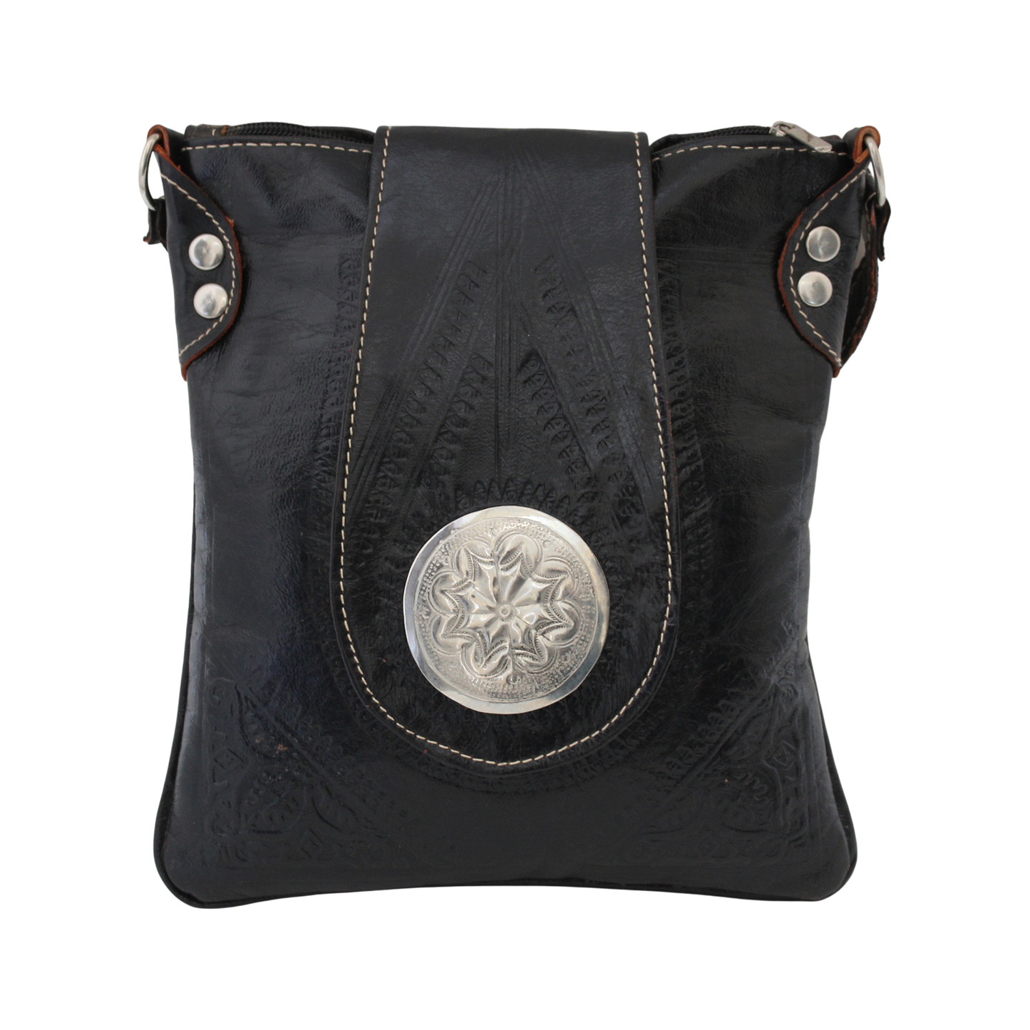 Moroccan Crossbody Handbag Vintage Real Leather Boho Bag Handmade Glossy Black Hand Engraved Hand Embossed Motifs Unused (VLB7)