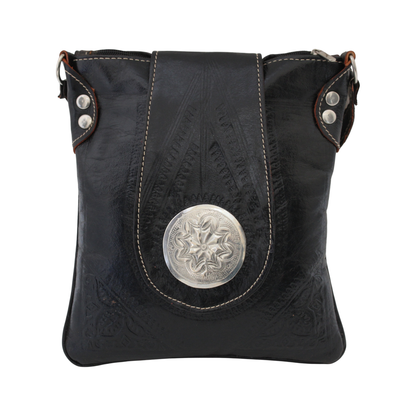 Moroccan Crossbody Handbag Vintage Real Leather Boho Bag Handmade Glossy Black Hand Engraved Hand Embossed Motifs Unused (VLB7)