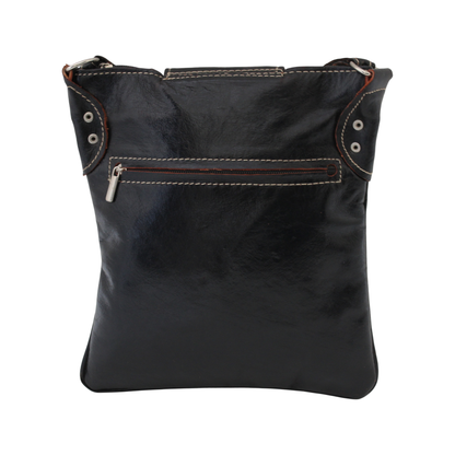Moroccan Crossbody Handbag Vintage Real Leather Boho Bag Handmade Glossy Black Hand Engraved Hand Embossed Motifs Unused (VLB7)