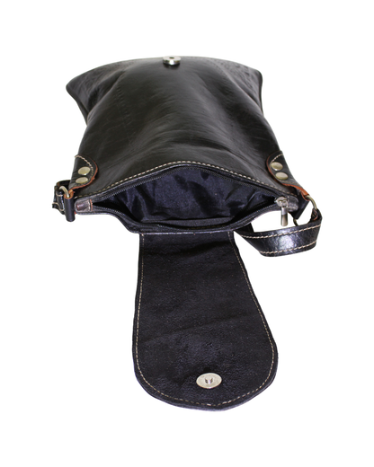 Moroccan Crossbody Handbag Vintage Real Leather Boho Bag Handmade Glossy Black Hand Engraved Hand Embossed Motifs Unused (VLB7)