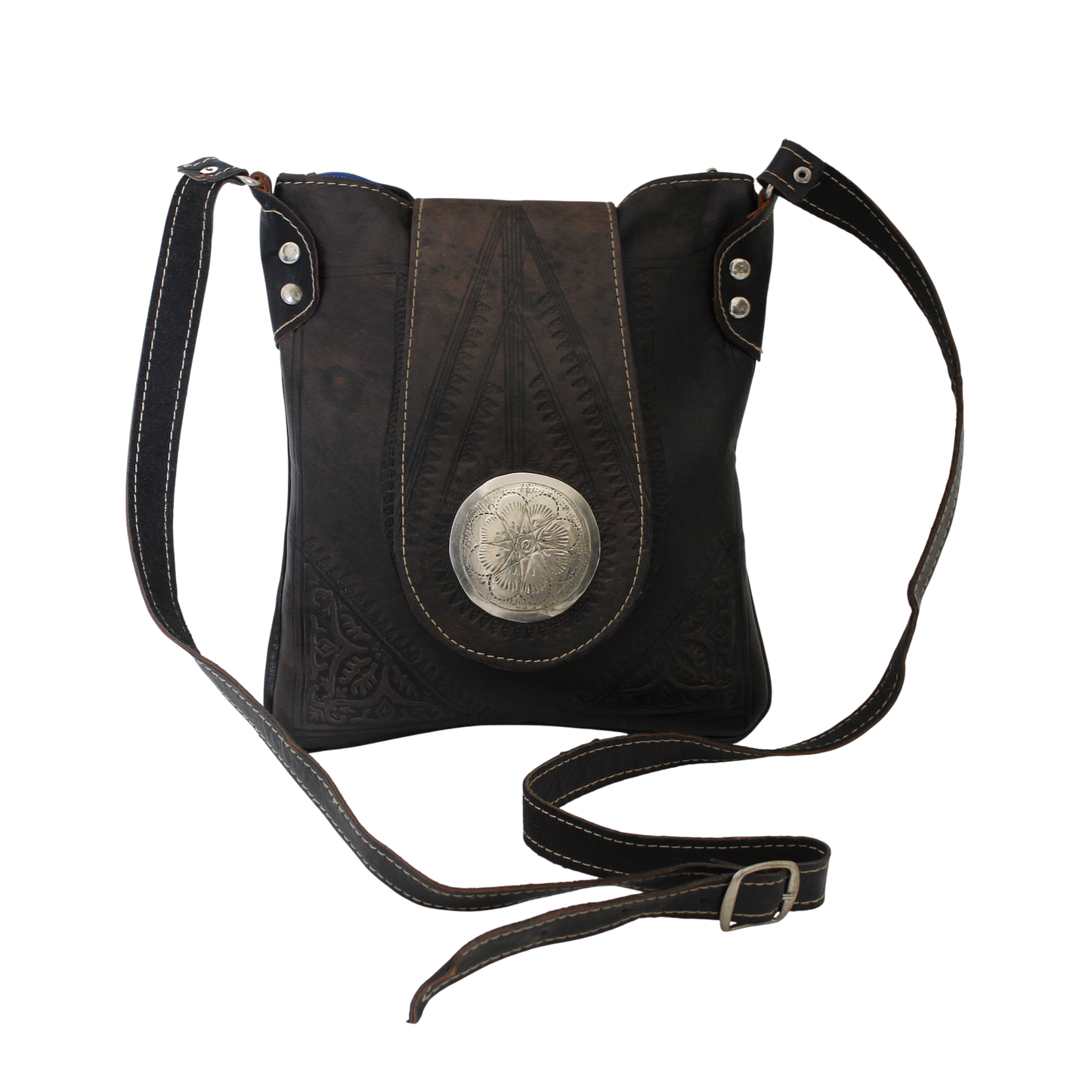 Moroccan Crossbody Handbag Vintage Real Leather Boho Bag Handmade Brown Tan Hand Engraved Hand Embossed Motifs Unused (VLB6)
