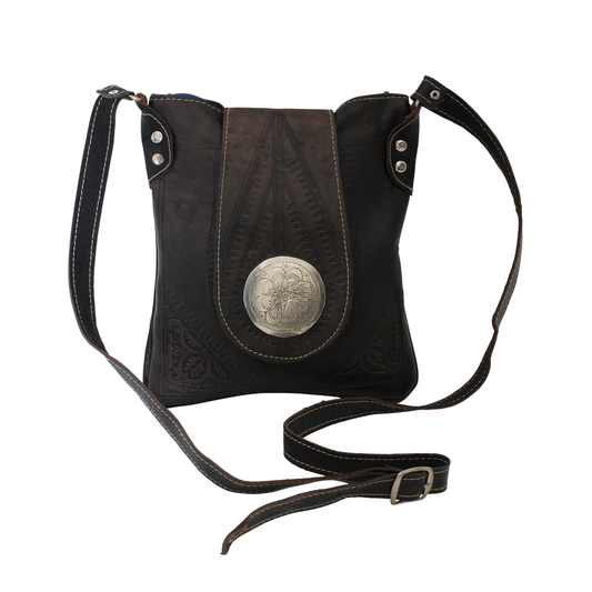 Moroccan Crossbody Handbag Vintage Real Leather Boho Bag Handmade Brown Tan Hand Engraved Hand Embossed Motifs Unused (VLB6)