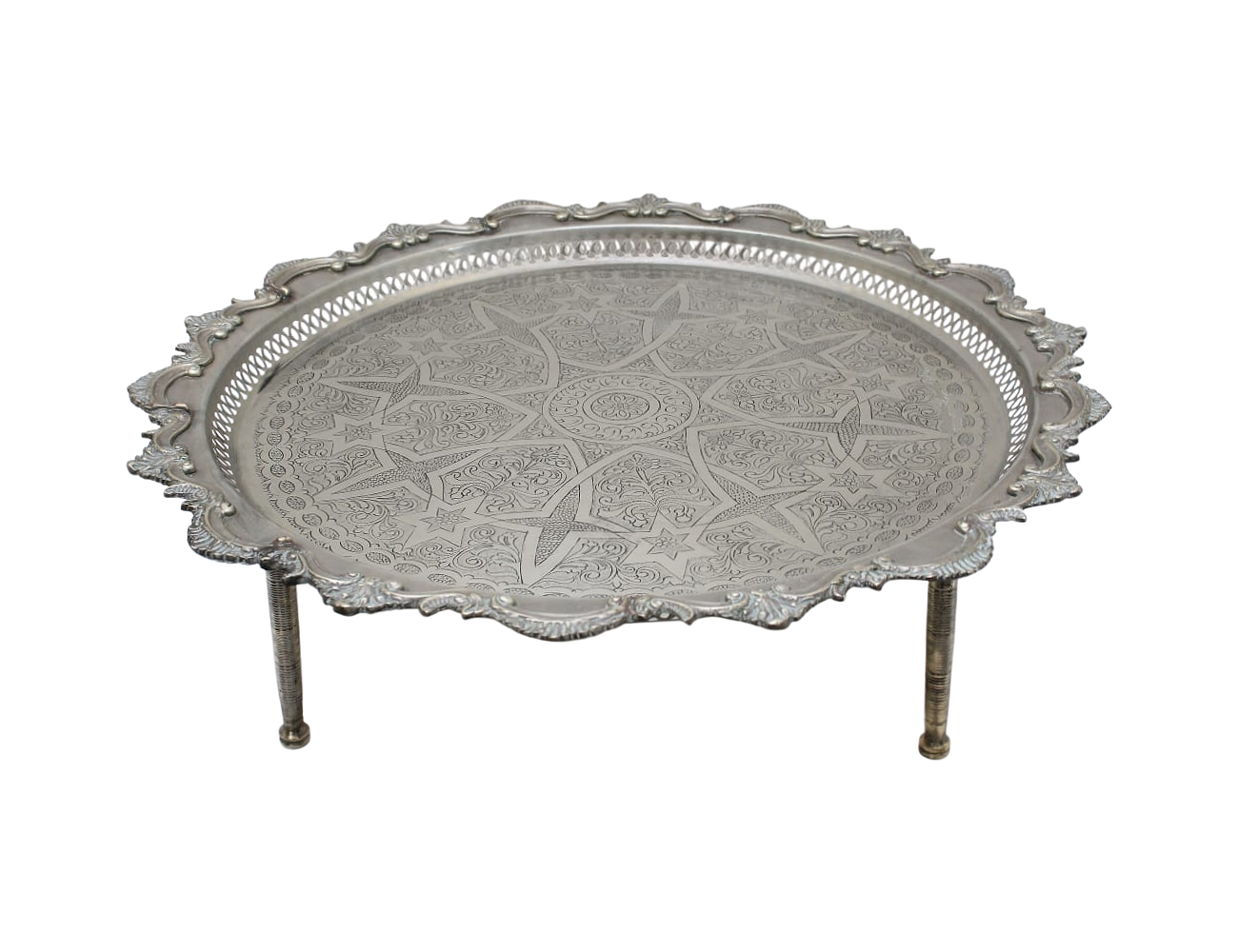 Vintage Moroccan Serving Tray Table with Removable Legs – 59 cm Silver Maillechort