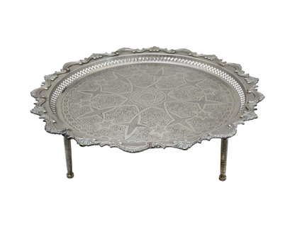 Vintage Moroccan Serving Tray Table with Removable Legs – 59 cm Silver Maillechort