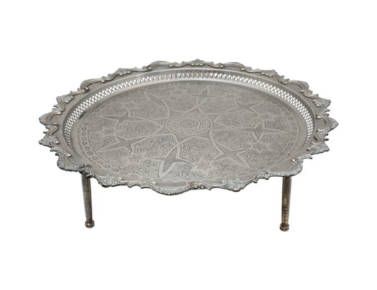 Vintage Moroccan Serving Tray Table with Removable Legs – 59 cm Silver Maillechort