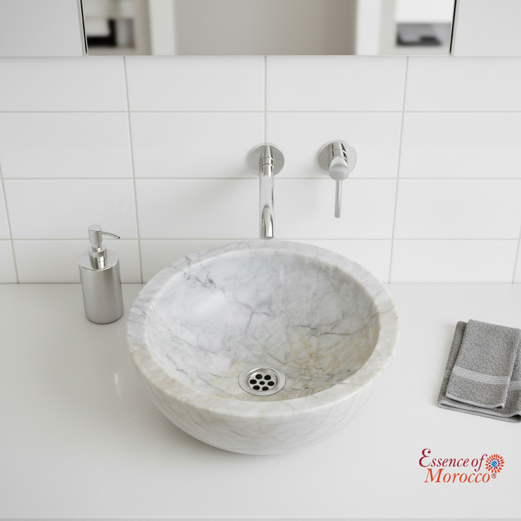 Moroccan Sink Washbasin Wash Basin Marble Stone Hand Carved Free Waste 40 cm (MS9)