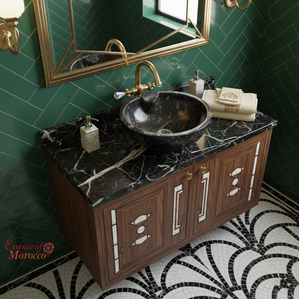 Moroccan Sink Washbasin Wash Basin Fossilised Marble Stone Black Hand Carved Free Waste 40 cm (SW843)