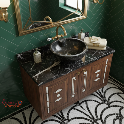 Moroccan Sink Washbasin Wash Basin Fossilised Marble Stone Black Hand Carved Free Waste 40 cm (SW843)