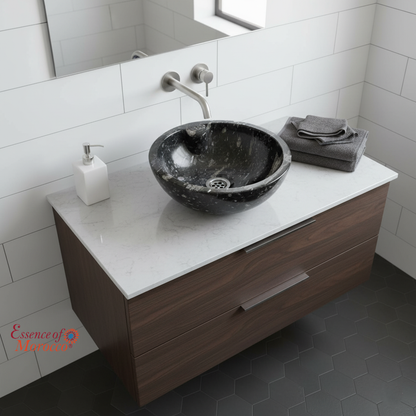 Moroccan Sink Washbasin Wash Basin Fossilised Marble Stone Black Hand Carved Free Waste 40 cm (SW843)