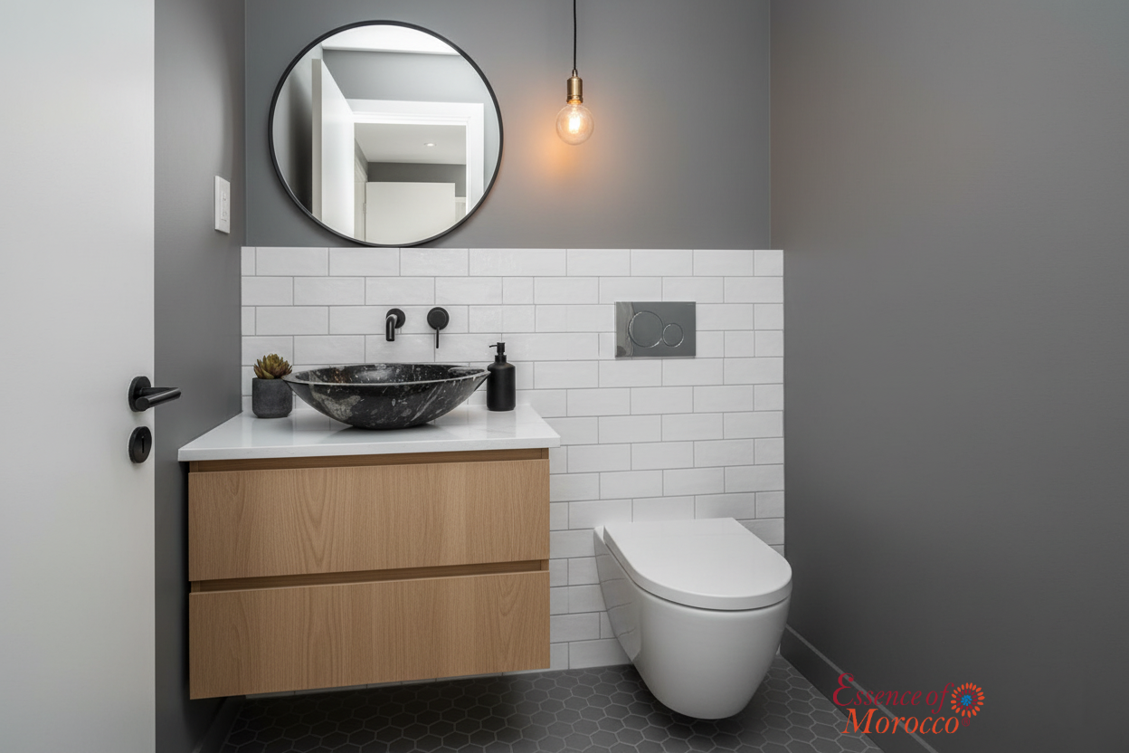 Moroccan Sink Washbasin Wash Basin Fossilised Marble Stone Black Hand Carved Free Waste 40 cm (SW843)