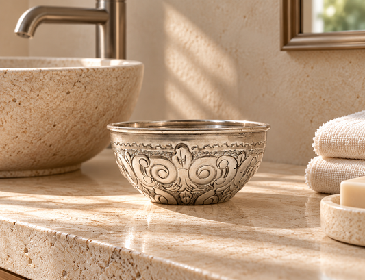 Moroccan Hammam Bowl Vintage Silver Maillechort Hand Engraved in Morocco Medium 14.5 cm  5.7 inches (Ref. HB113)