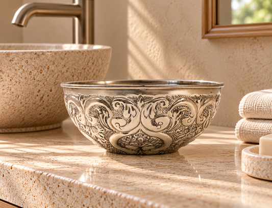Moroccan Hammam Bowl Vintage made of Silver Maillechort Hand Engraved in Morocco Large 19.5 cm 7.7 inches (Ref. HB118)