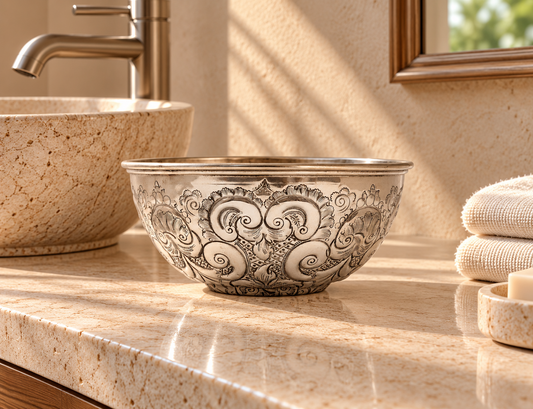 Moroccan Hammam Bowl Vintage made of Silver Maillechort Hand Engraved in Morocco Large 19.5 cm 7.7 inches (Ref. HB126)