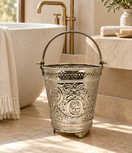 Moroccan  Hammam Bucket Vintage Silver Maillechort Handmade Hand Engraved in Morocco Height: 24 cm 9.5 inches (Ref. HMB32)