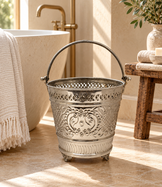 Moroccan  Hammam Bucket Vintage Silver Maillechort Handmade Hand Engraved in Morocco Height 22.5 cm 8.8 inches (Ref. HMB33)