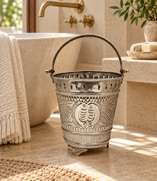 Moroccan  Hammam Bucket Vintage Silver Maillechort Handmade Hand Engraved in Morocco Height 23 cm 9 inches (Ref. HMB34)