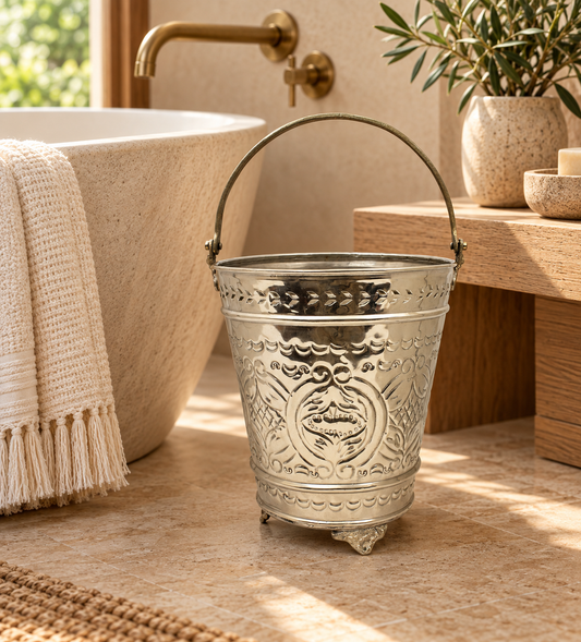 Moroccan  Hammam Bucket Vintage Silver Maillechort Large Handmade Hand Engraved Morocco Height 29 cm 11.4 inches (Ref. HMB38)