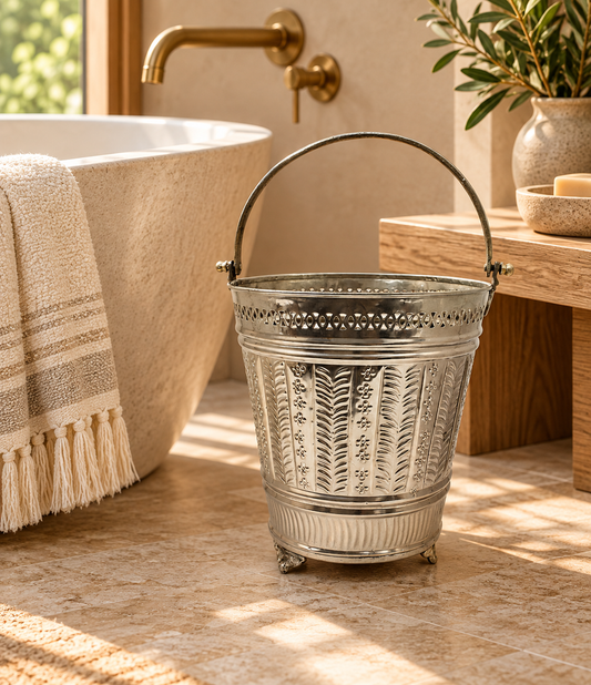 Moroccan  Hammam Bucket Vintage Silver Maillechort Large Handmade Hand Engraved Morocco Height 29 cm 11.4 inches (Ref. HMB41)