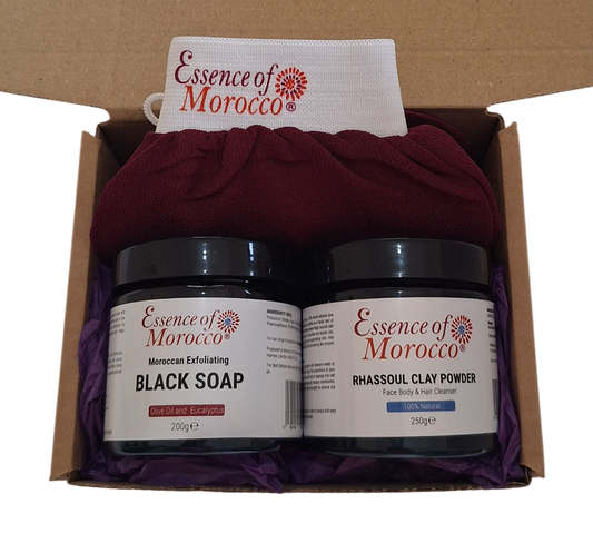 Moroccan Hammam Gift Set: Exfoliating Kessa Glove, Beldi Black Soap, Rhassoul Clay Powder