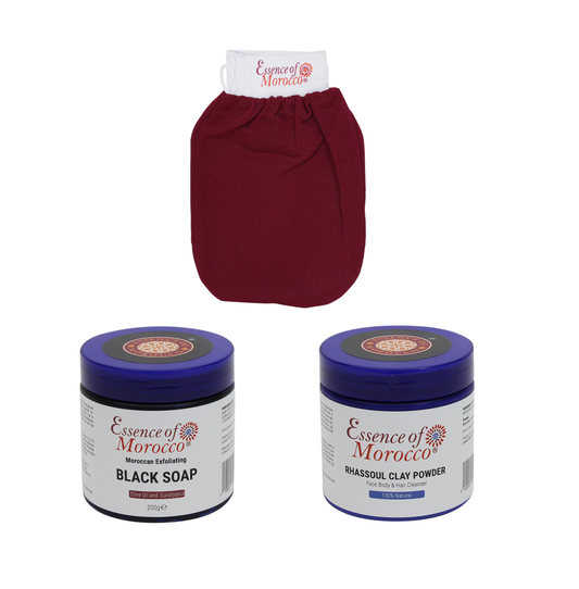 Moroccan Hammam Gift Set: Exfoliating Kessa Glove, Beldi Black Soap, Rhassoul Clay Powder