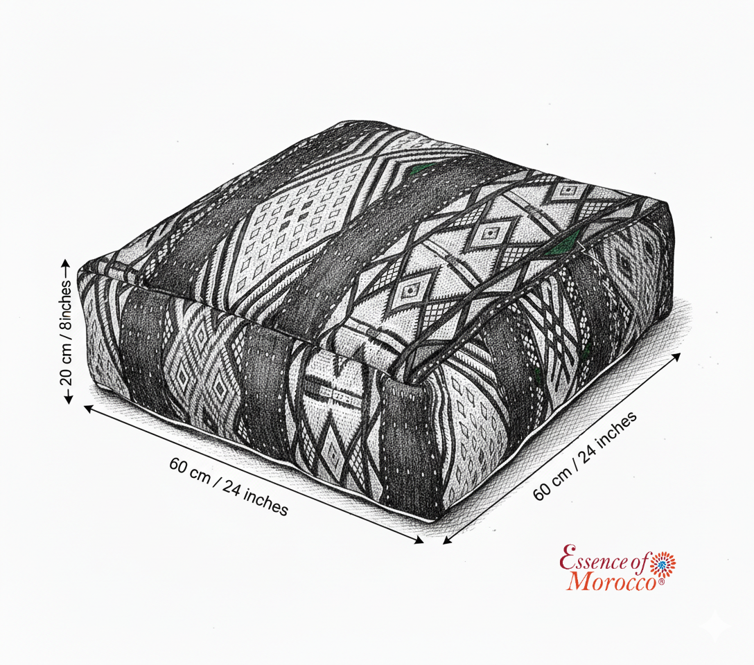 Dimensions illustration of vintage Moroccan  kilim pouf cover 60x60 cm 