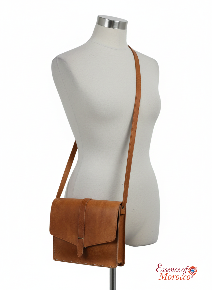 Moroccan Leather Bag Crossbody Satchel, Vintage Natural Tan Real Morocco Leather Shoulder Bag, Handmade Adjustable Strap  (MLB1)