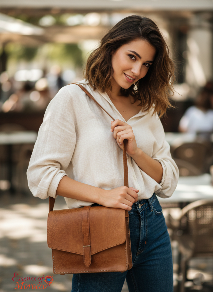 Moroccan Leather Bag Crossbody Satchel, Vintage Natural Tan Real Morocco Leather Shoulder Bag, Handmade Adjustable Strap  (MLB1)