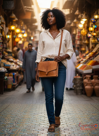 Moroccan Leather Bag Crossbody Satchel, Vintage Natural Tan Real Morocco Leather Shoulder Bag, Handmade Adjustable Strap  (MLB1)