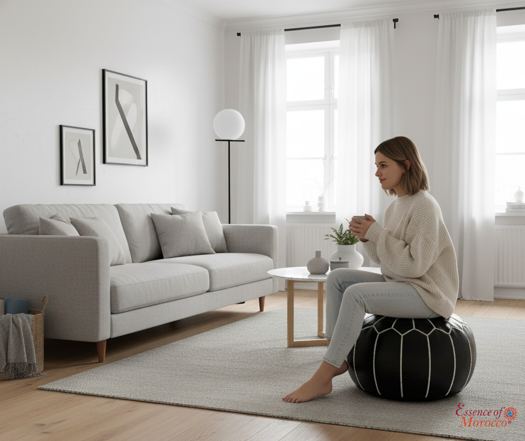 Moroccan Black White Pouffe Pouf Ottoman Footstool COVER ONLY or STUFFED Real Leather