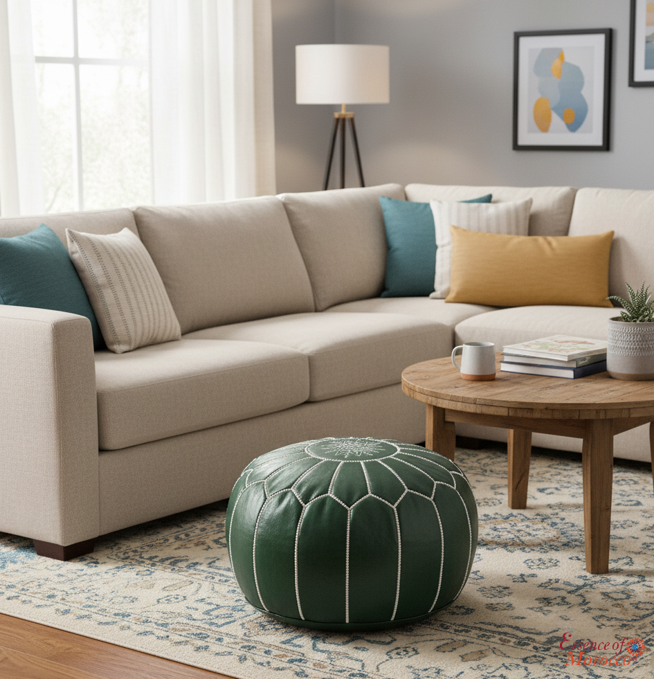 Moroccan Green White Pouffe Pouf Ottoman Footstool COVER ONLY or STUFFED Real Leather