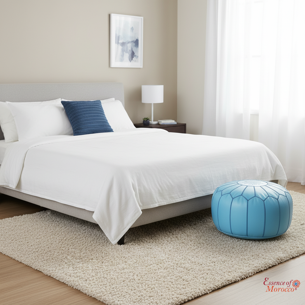 Moroccan Pouffe Pouf Ottoman Footstool Real Light Baby Blue Leather