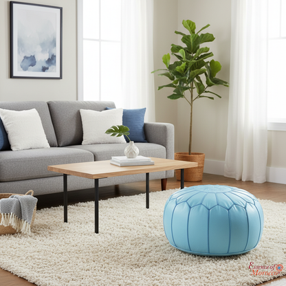 Moroccan Pouffe Pouf Ottoman Footstool Real Light Baby Blue Leather