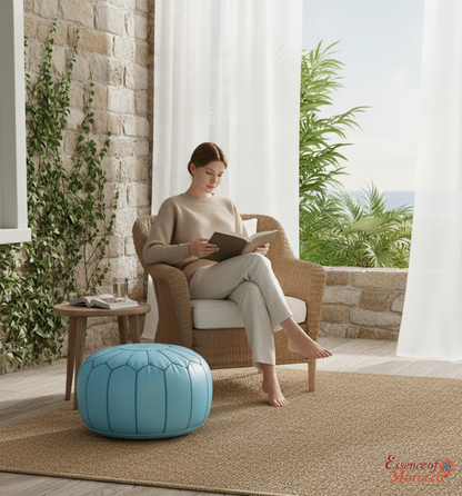 Moroccan Pouffe Pouf Ottoman Footstool Real Light Baby Blue Leather
